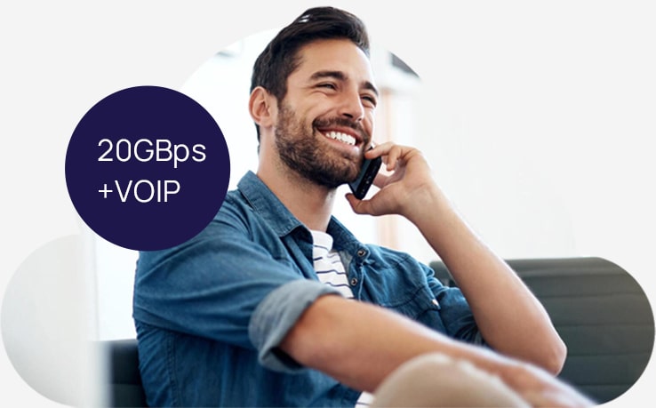 Man on phone; 20GBps +VOIP